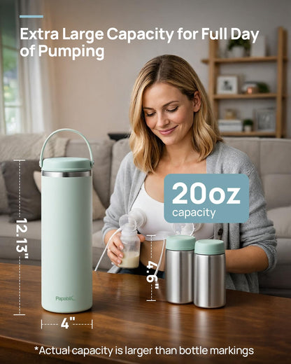 Papablic Innovative 360° CapsuleChill Breastmilk Cooler for 36H Safe Storage, 20oz Stress-Free Portable Breast Milk Chiller with 2pcs Stainless Steel Baby Bottles for Work & Travel, Mint Green