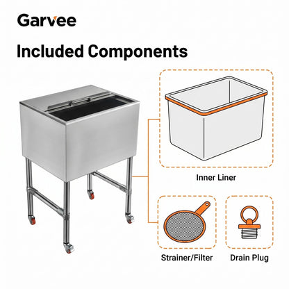 24x19x37inch Ice Bin for Bar,Commercial Ice Bin with Legs,Commercial Insulated Stainless Steel Ice Bin with Lid & Drain System, Large Capacity Underbar Ice Chest for Restaurants, Pubs & Cocktail Bars