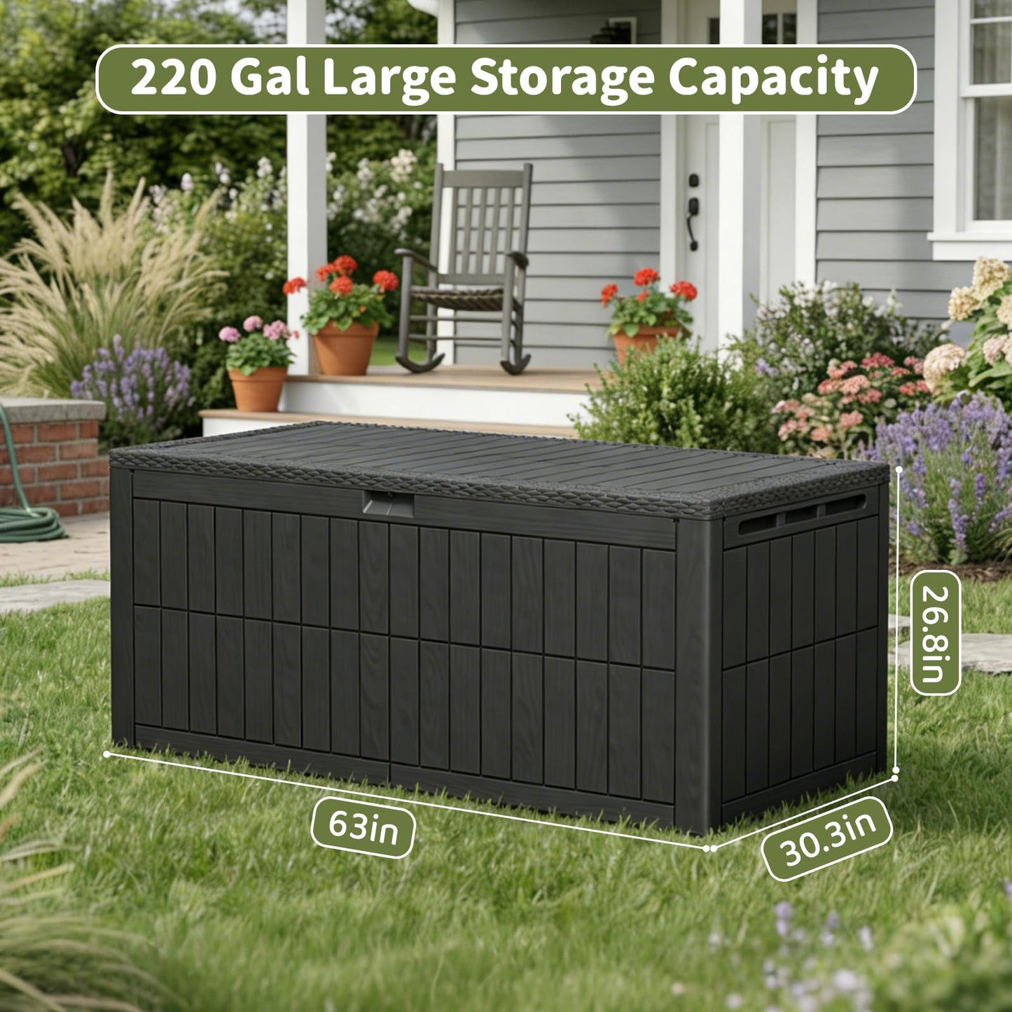 ZOMEYLPO 220 Gallon Outdoor Storage Box, Waterproof Lockable Resin Deck Box for Patio Furniture Cushions, Garden Tools, Pool Supplies, Extra Large Patio Storage Chest with Double Wall Design, Black