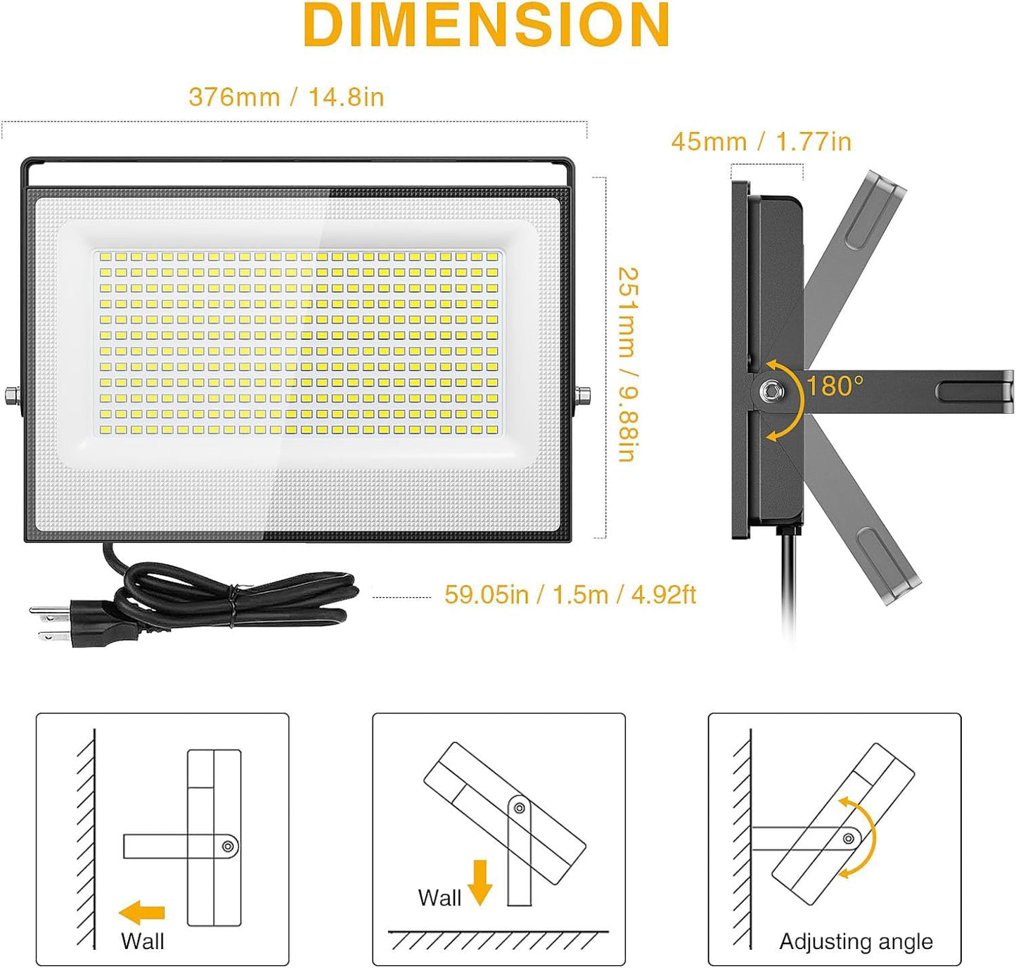 Onforu 300W Flood Lights Outdoor,30000lm Bright LED Work Light with Plug,Daylight White LED Stadium Lighrs,IP66 Waterproof Security Yard Lights for Yard Garage Stadium 2 Pack