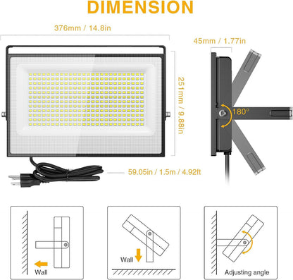 Onforu 300W Flood Lights Outdoor,30000lm Bright LED Work Light with Plug,Daylight White LED Stadium Lighrs,IP66 Waterproof Security Yard Lights for Yard Garage Stadium 2 Pack