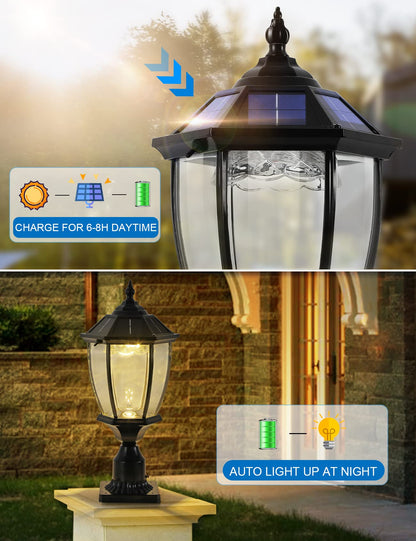 GYDZ Solar Outdoor Lamp Post Light, Dusk to Dawn, Waterproof, Aluminum, Black, Model 6531SE-BLACK, Ideal for Porch and Pathway