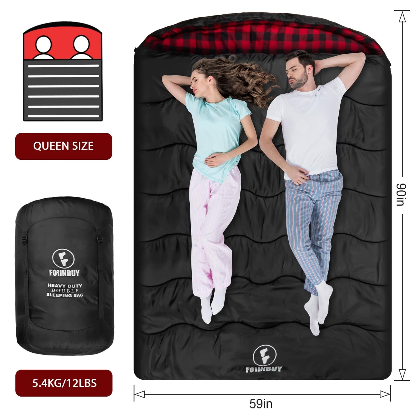 FORINBUY 0 Degree Flannel Double Sleeping Bag for Adults, Couples or Family - Winter Queen Size Waterproof & Warm 2-Person Sleeping Bag for Cold Weather Camping, RV Travel