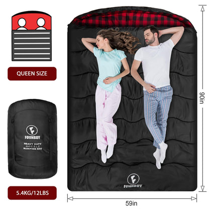 FORINBUY 0 Degree Flannel Double Sleeping Bag for Adults, Couples or Family - Winter Queen Size Waterproof & Warm 2-Person Sleeping Bag for Cold Weather Camping, RV Travel