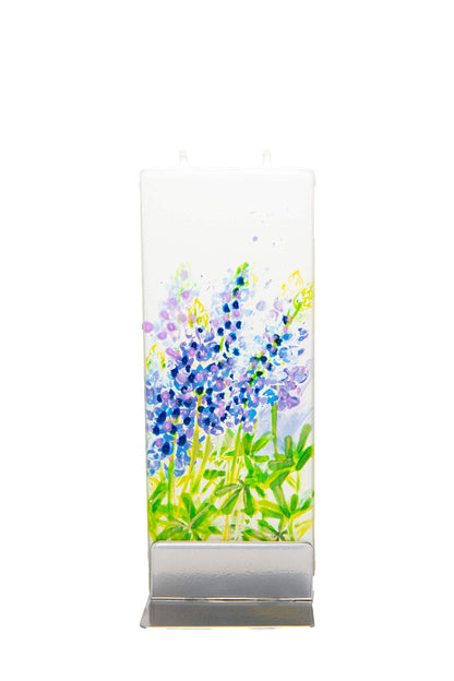 Flatyz Hand Painted Flat Candle | Unscented, Dripless, Smokeless, Decorative | Texas Bluebonnet Flowers | Double Wick with Metal Base | Unique Gift Idea and Home Décor Accent