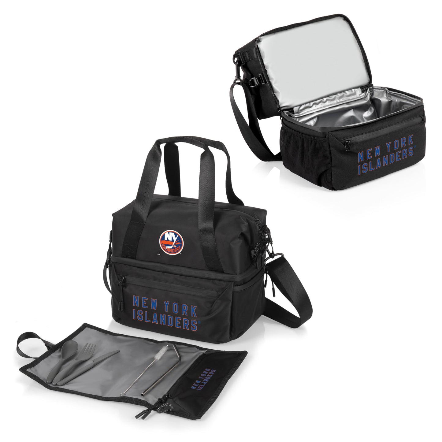 PICNIC TIME NHL New York Islanders Tarana Lunch Bag Cooler with Utensils Made from Recycled Material, Lunch Box with Picnic Set, Upcycled Lunch Cooler Bag, (Carbon Black)
