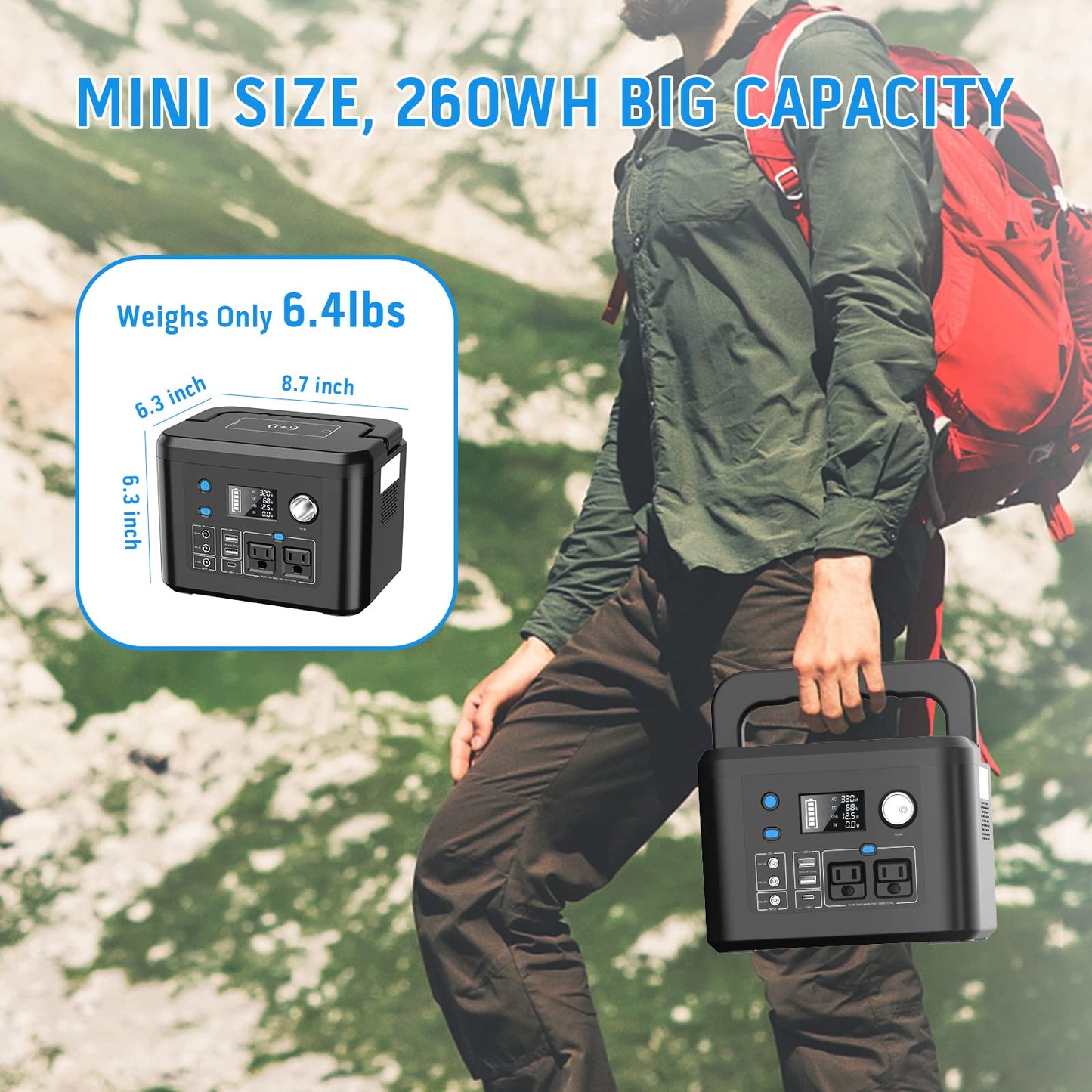 powkey Portable Power Station 350W, 260Wh/70,000mAh Backup Lithium Battery, 110V Pure Sine Wave Power Bank with 2 AC Outlets, Portable Generator for Outdoors Camping Travel Hunting Emergency