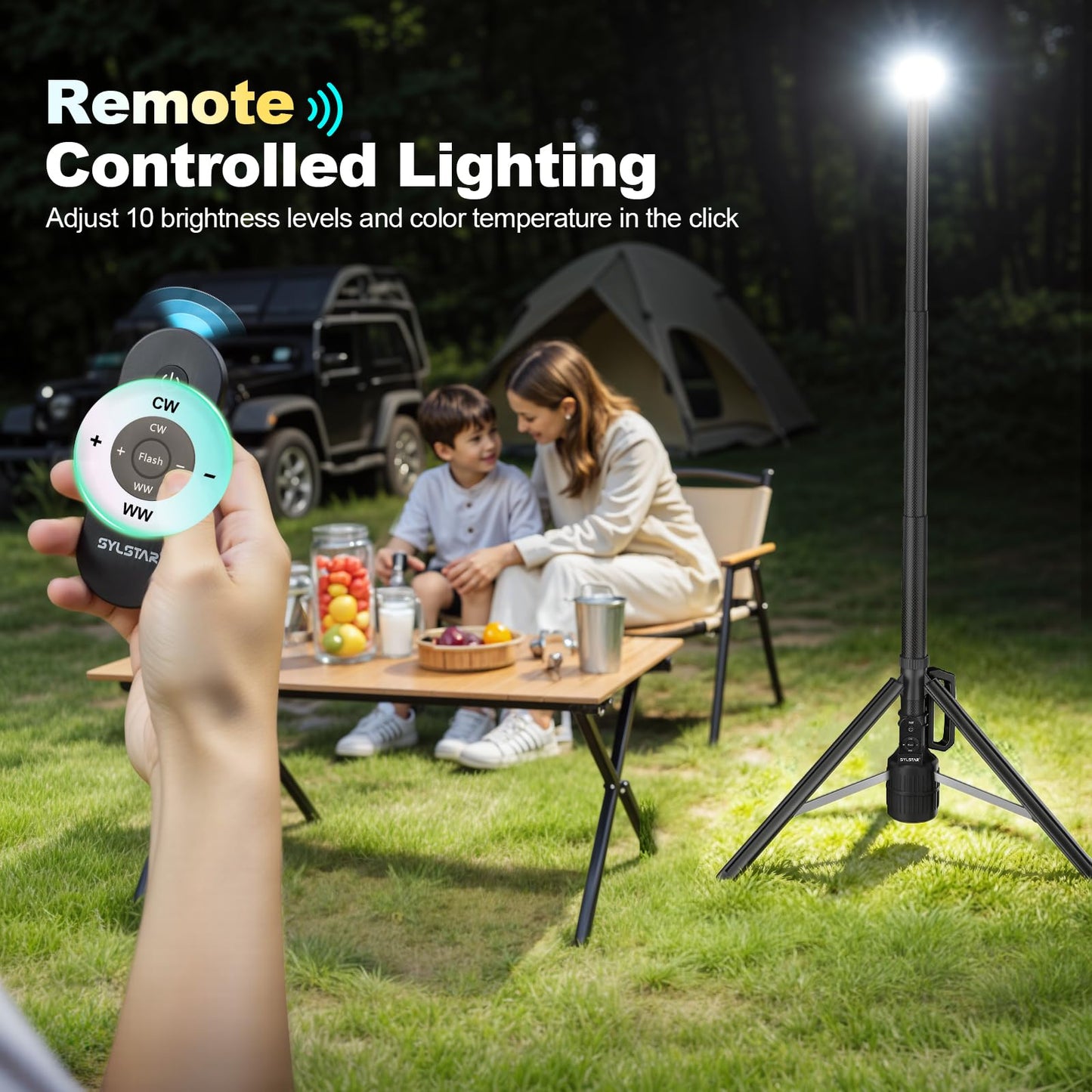 SYLSTAR 360° Rechargeable Work Light with Remote &Telescopic Stand (8.4Ft), 3000LM Ultra Bright, 8000mAh Battery, 3CCT Dimmable, Portable Camping Light for Jobsite Workshop Sports Emergencies(Black)