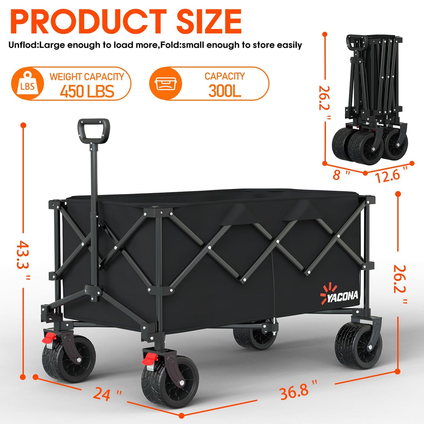 Extra Large Collapsible Wagons Carts Foldable, 450lbs Heavy Duty Folding Beach Wagons with Big All-Terrain Wheels, Utility Wagon Carts for Groceries, Outdoor Camping, Shopping, Beach, Garden