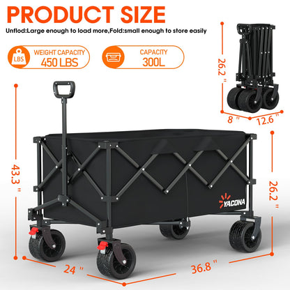 Extra Large Collapsible Wagons Carts Foldable, 450lbs Heavy Duty Folding Beach Wagons with Big All-Terrain Wheels, Utility Wagon Carts for Groceries, Outdoor Camping, Shopping, Beach, Garden
