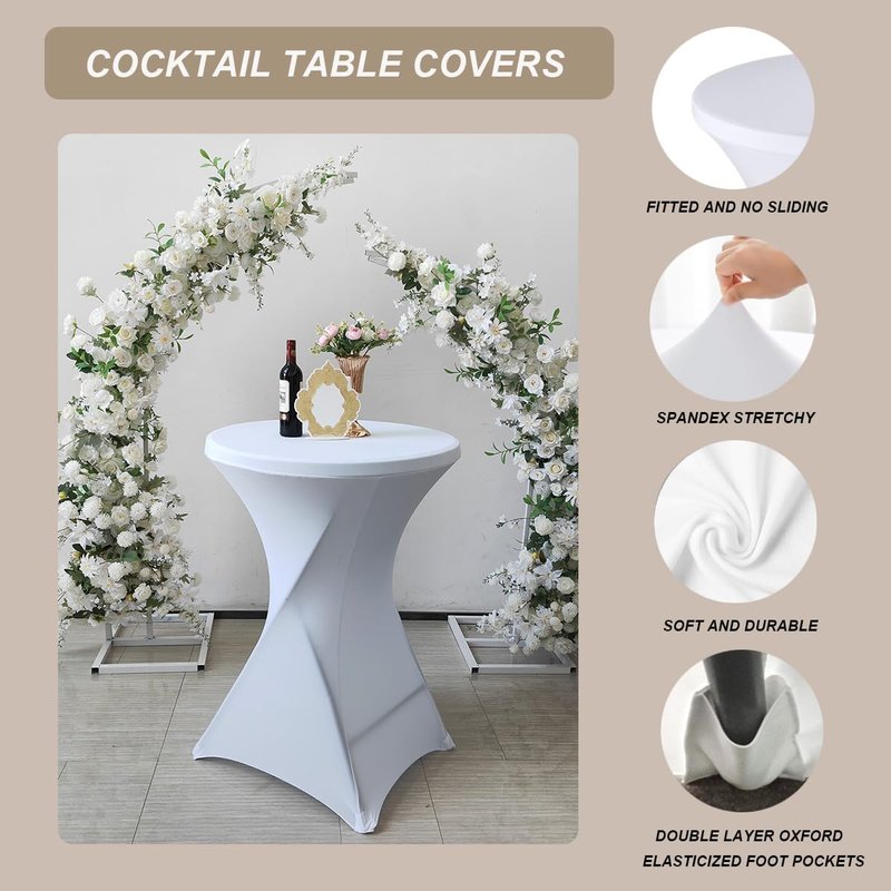 Albassa 2 Pack Cocktail Table Covers 32"x43" Spandex Stretch Highboy Top Tablecloth Fitted Round Table Cloths for Bar Wedding Cocktail Party Banquet Tables (2, White, 32"x 43")