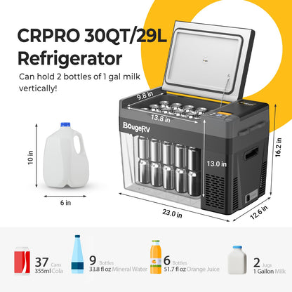 BougeRV 12 Volt Refrigerator, CRPRO 30 Quart 12V Car Fridge, Portable Freezer (-8℉~50℉), Compressor Cooler with 12V/24 DC, 110-240 AC for Outdoor Camping Overlanding Truck RV SUV Van
