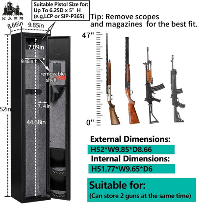 KAER 2-3 Gun Safe,Rifle Safe,Gun Safe for Rifles and Pistols,Gun Cabinet for Shotguns,Long Gun Cabinet for Shotguns with Removable Storage Shelf,LED Light,Quick Access Rifle Safes,Adjustable Shelves