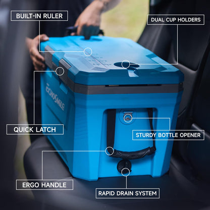 EchoSmile 35 Quart Insulated Cooler, Outdoor Portable Hard Cooler Ice Chest Box w/ 2 Cup Holders, Drain Plug, Bottle Opener, 3-Day Ice Retention for Camping, Beach, and Picnic,Blue