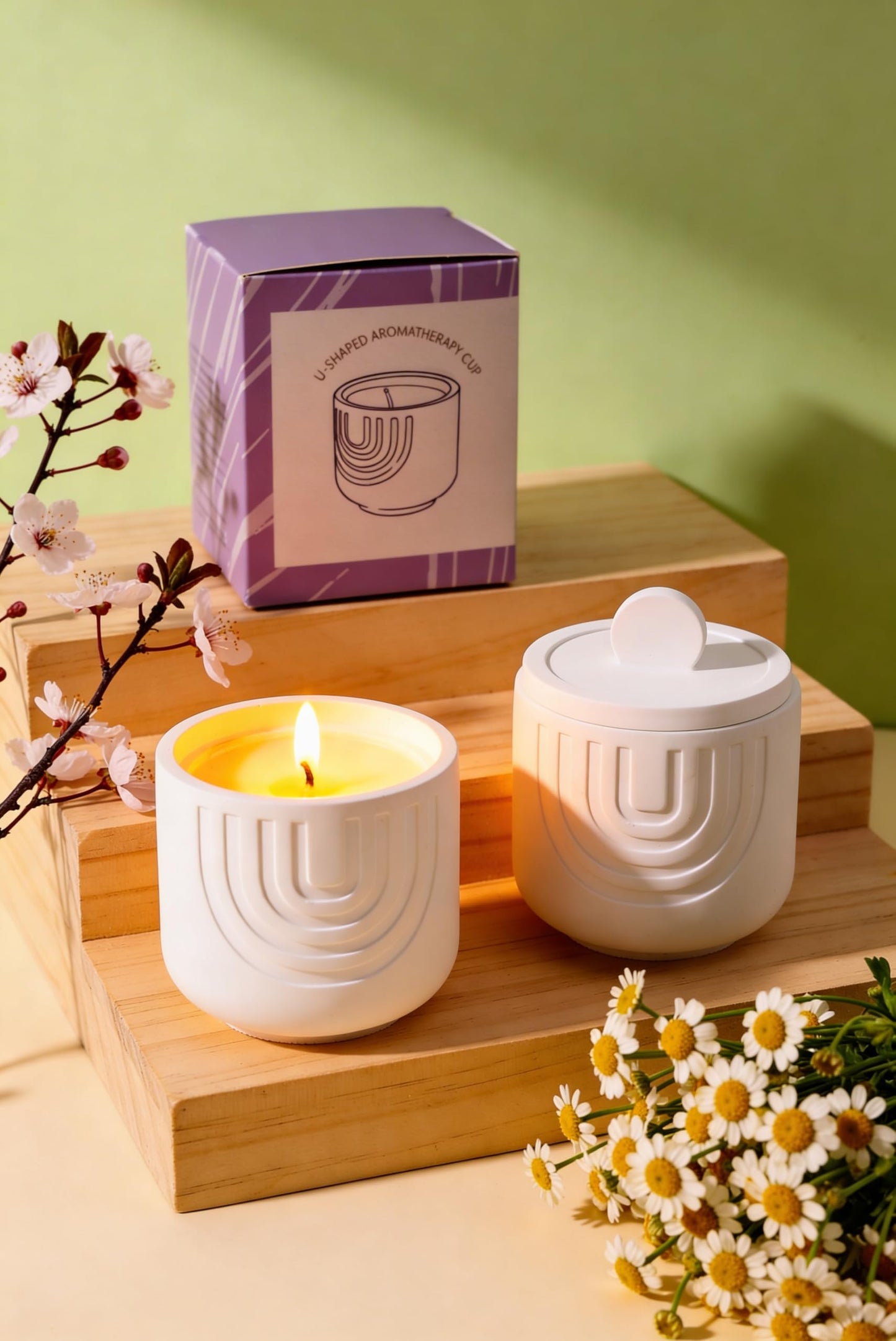 Viyffo 6.35oz Candles for Home Scented – White Peach & Cedarwood, Small Non Toxic Soy Candle for Women and Men, Handmade White Plaster Ceramic Jar, Luxury Home Fragrance, Nordic Décor & Gift