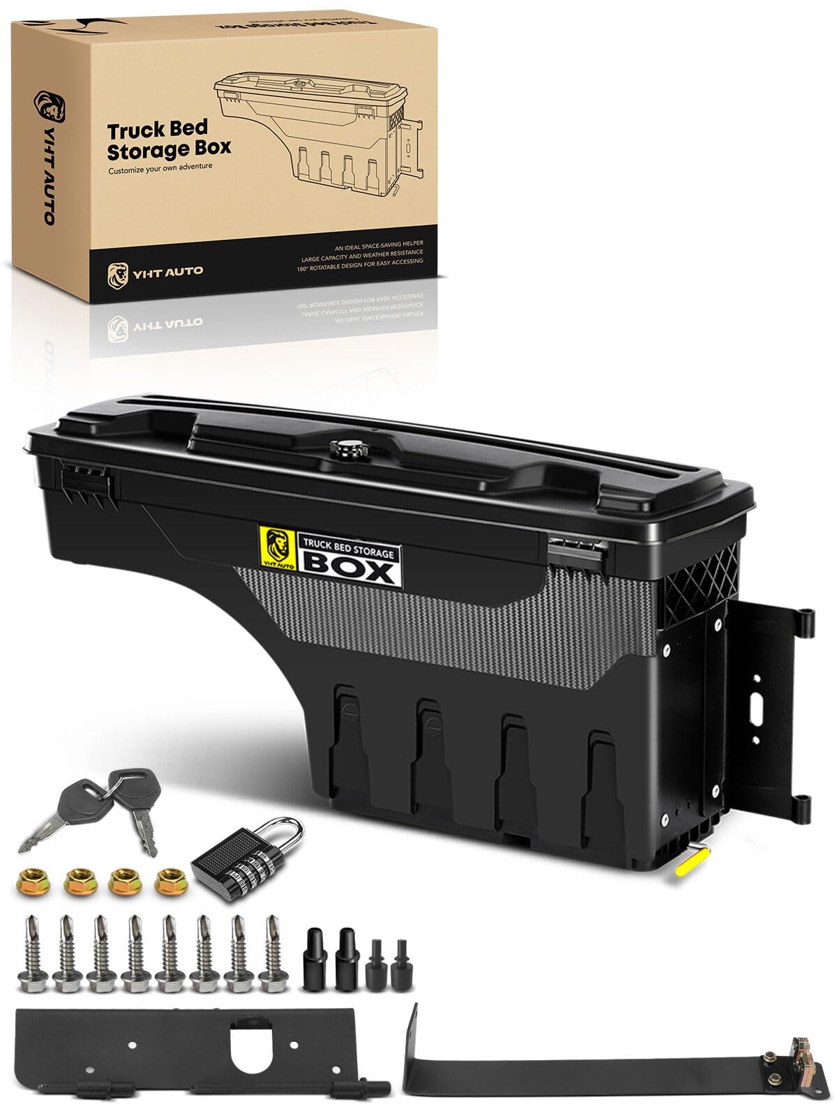YHTAUTO Truck Bed Storage Tool Box Lockable Compatible with 1999-2016 Ford F-250 F-350 Super Duty, Passenger Side, Without Bed Rail Storage, Swing Waterproof Wheel Well Toolbox