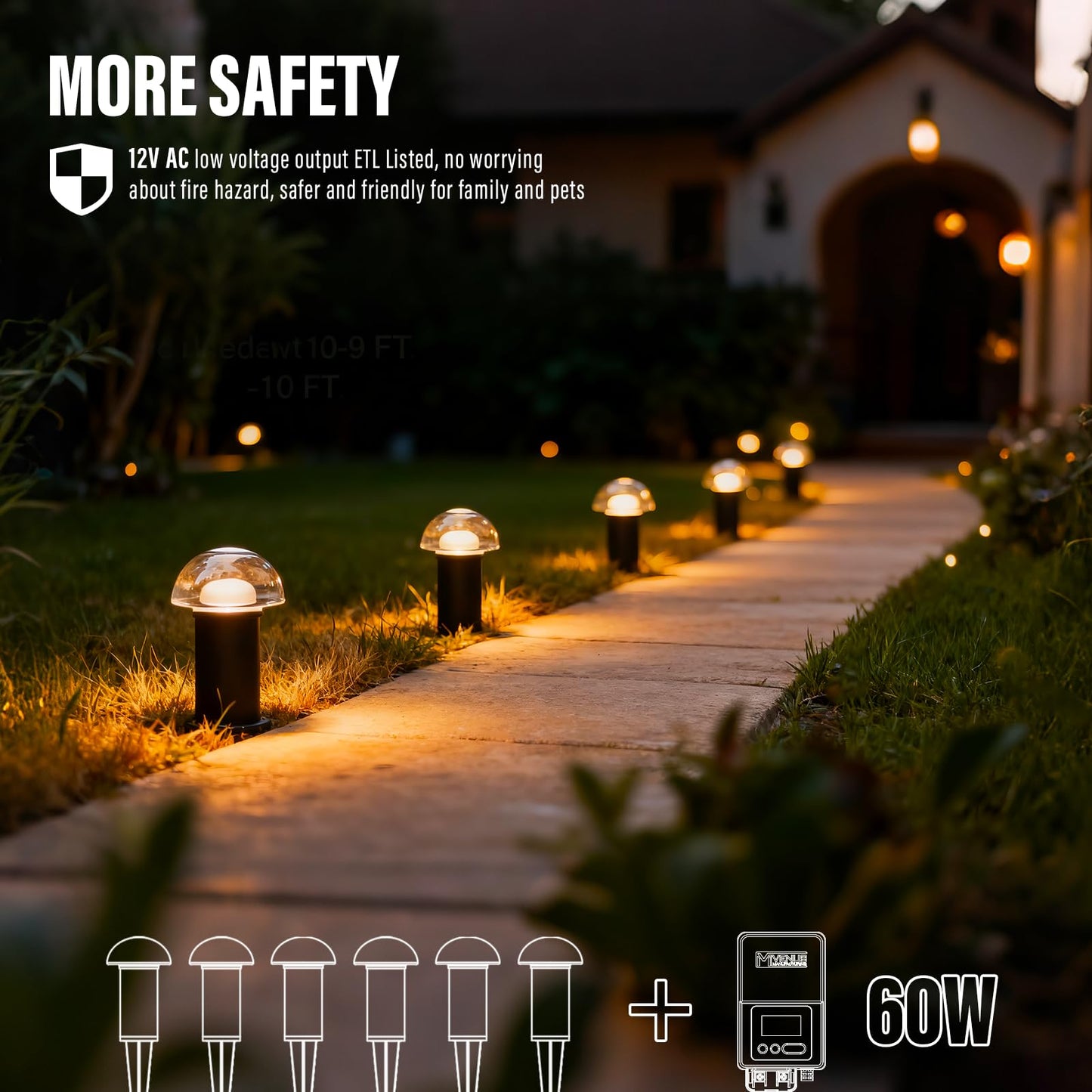VENUS MANUFACTURING Low Voltage Landscape Pathway Lighting 6PK 1.5W LED Mushroom Lights 35Lumen Wired Walkway Light 3000K Warm White Driveway & Sideway Lights Metal Black Finish with Connector Stake