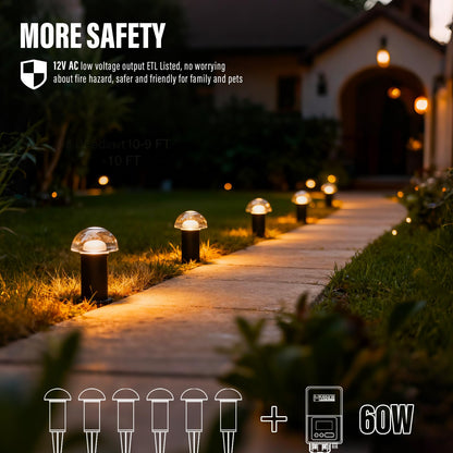 VENUS MANUFACTURING Low Voltage Landscape Pathway Lighting 6PK 1.5W LED Mushroom Lights 35Lumen Wired Walkway Light 3000K Warm White Driveway & Sideway Lights Metal Black Finish with Connector Stake