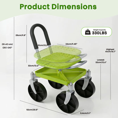 Outdoor Garden Stool with 360° Swivel Caster Wheels, Rolling Garden Cart with 360° Swivel Seat, Height Adjustment, Back Tool Pouch & Under-Seat Tray, Gardening Gifts for Women, Parents, Seniors