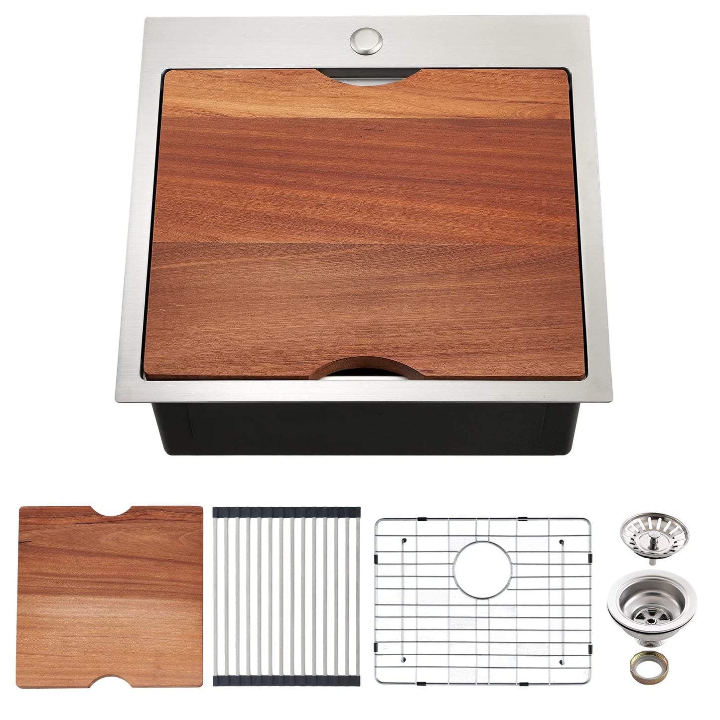 EcoChannels Kitchen Sink, 21 x 20 x 10 Drop in Kitchen Sink 16 Gauge Stainless Steel Kitchen Sinks Single Bowl Workstation Sink with Cutting Board