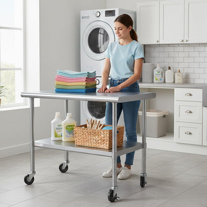 STABLEINK NSF Stainless Steel Table with Wheels 36x24 Inches 3ft, Metal Prep & Work Table with Adjustable Undershelf, for Commercial Kitchen, Restaurant, Laundry, Hotel and Garage
