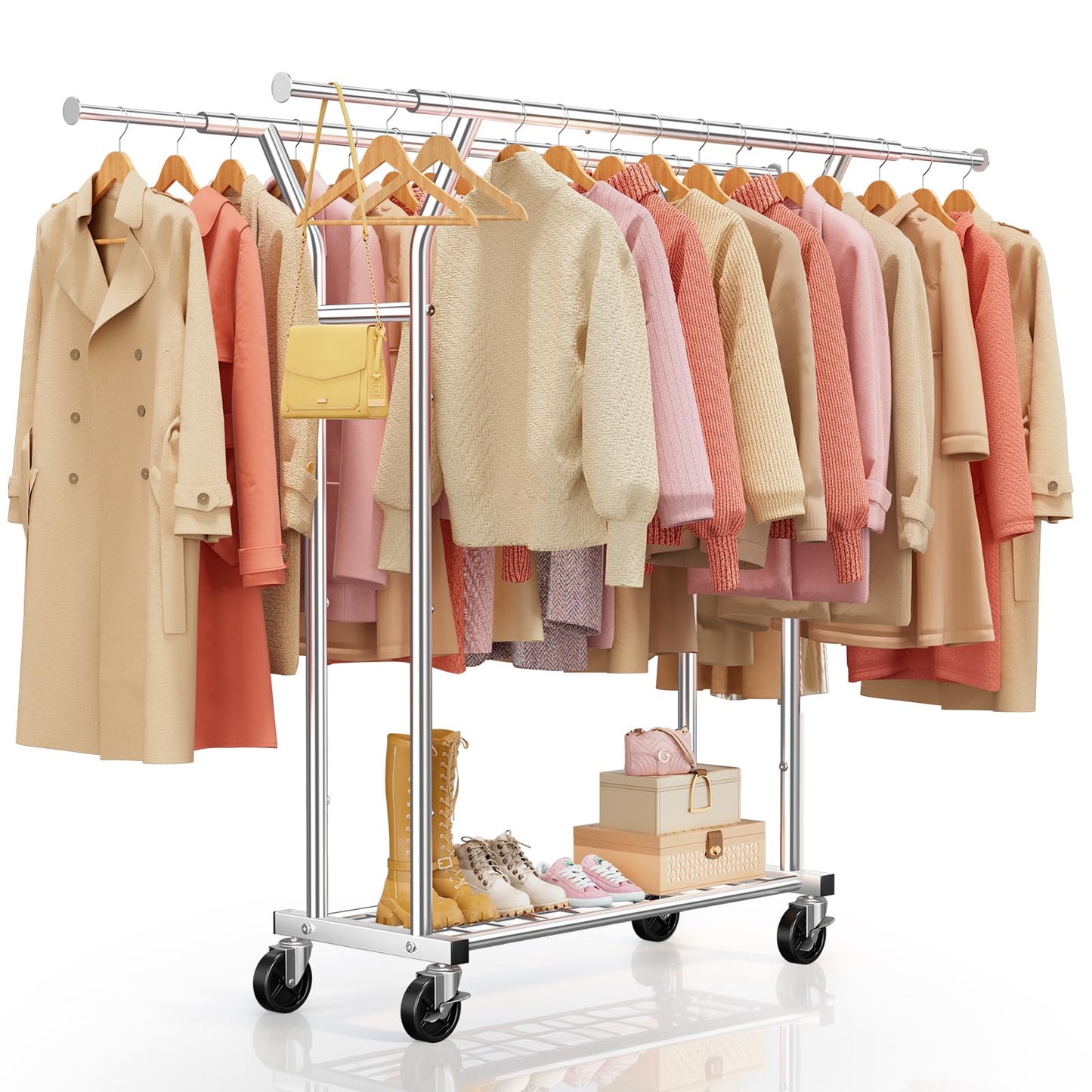 LZNIOZ Heavy Duty Clothes Rack - Load 620 LBS, Rolling Clothing Rack for Hanging Clothes with Lockable Wheels & Shelves, Extendable Double Rod Garment Rack for Bedroom, Laundry, Living Room, Silver