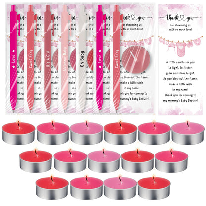 Spakon 60 Sets Baby Shower Favors for Guests Include Unscented Tealight Candles Multicolor Ballpoint Pen Thank You Card Opp Bags Gender Reveal Gifts for Baby Shower Game Prizes (Pink,Girl)