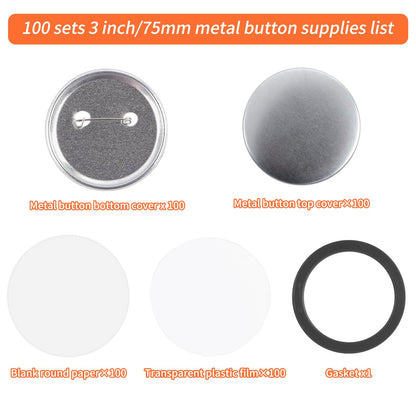 75mm Metal Blank Button Supplies Button Making Parts, 100 Sets 75mm/3 inch Pin Maker Parts Badge Supplies for Button Maker Machine, Including Metal Back Cover Metal Shells Clear Film and Paper
