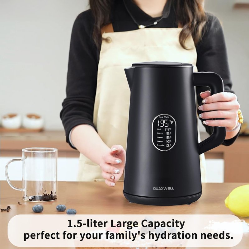 QUAXWELL 1.5L Electric Kettle Stainless Steel, Double Wall Cool Touch Teapot, Fast Boil, Precise Temperature Control, LCD Display, Auto Shut-Off, BPA-Free,Keep Warm Function, Ideal for Tea,Black