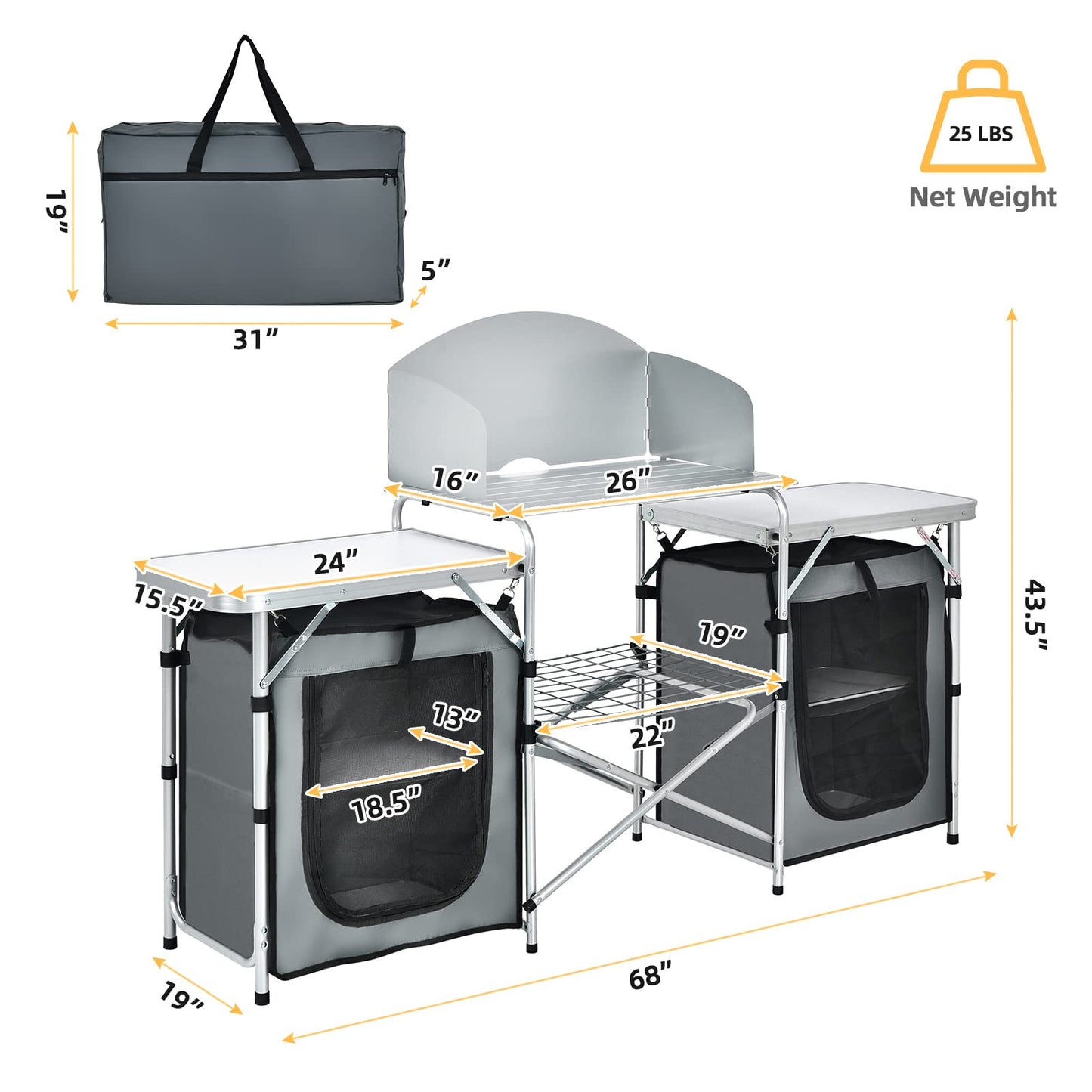 Giantex Camping Kitchen Station, Folding Grill Table with 26'' Tabletop, 2 Side Tables, Storage Organizer, Detachable Windscreen, Portable Camp Cook Outdoor Prep Station Backyard BBQ Picnic (Grey)