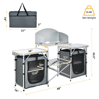Giantex Camping Kitchen Station, Folding Grill Table with 26'' Tabletop, 2 Side Tables, Storage Organizer, Detachable Windscreen, Portable Camp Cook Outdoor Prep Station Backyard BBQ Picnic (Grey)