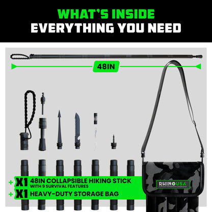 Rhino USA Modular Tactical Walking Stick and Hiking Staff with Integrated Survival Kit for Hiking, Camping and Trekking, Adjustable Tactical Stick with Compass and Fire Starter for Camping and Hunting
