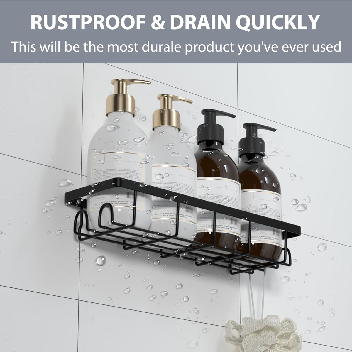 Shower Caddy Organizer - Self-Adhesive Bathroom Shelves with Hooks | No Drilling, 2-Pack Black