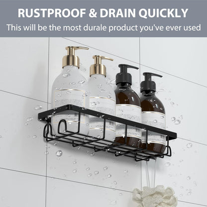 Shower Caddy Organizer - Self-Adhesive Bathroom Shelves with Hooks | No Drilling, 2-Pack Black
