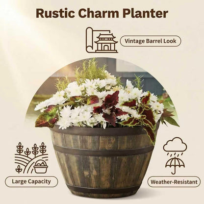 19.9 Inch Rustic Whiskey Barrel Planter - Durable Lightweight Plastic Plant Pot with Easy Knock-Out Drainage Holes, Indoor/Outdoor Barrel Planter for Outdoor Plants