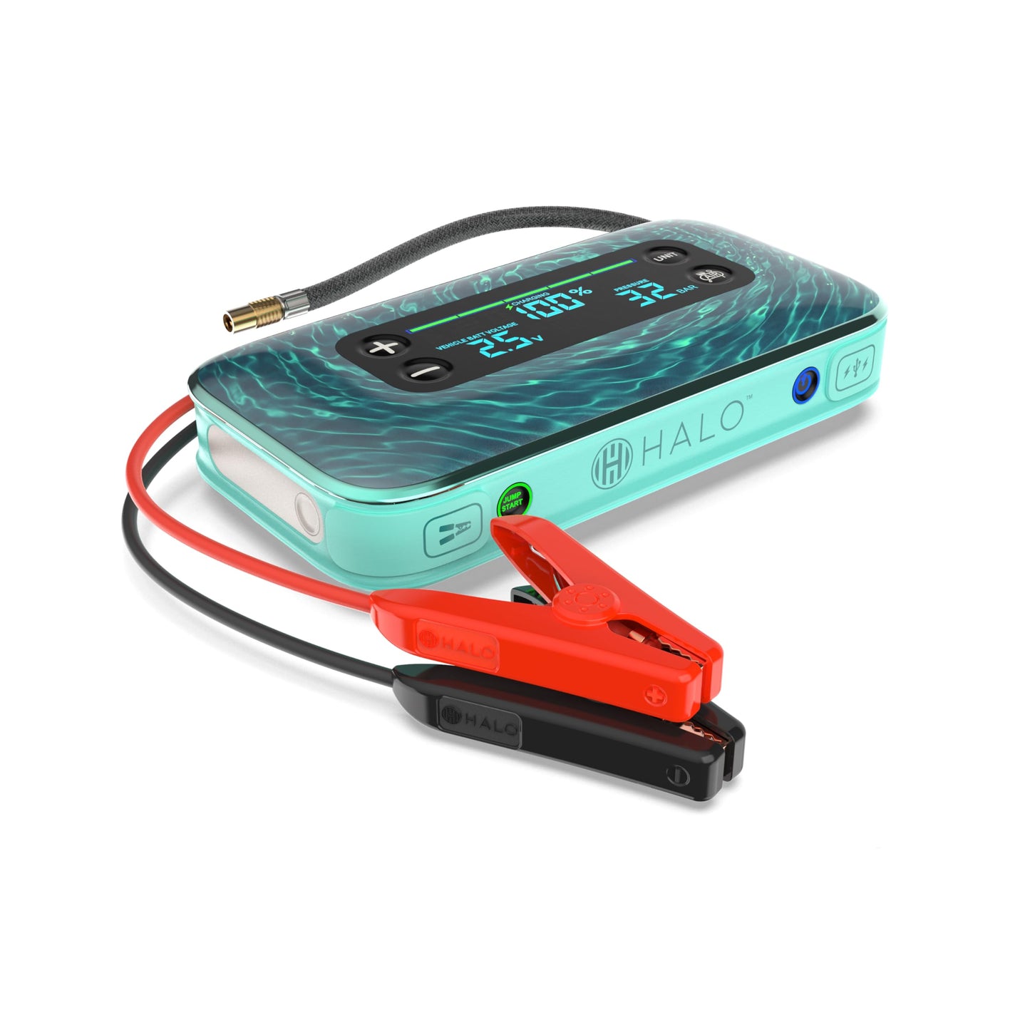 HALO Bolt Air+ 1750 Portable Car Battery Jump Starter | 130 PSI Air Compressor, 59.9Wh USB Power Bank, Large Display, Emergency Floodlight & Charger, Jumps Cars SUVs & Trucks, Inflates Tires — Teal