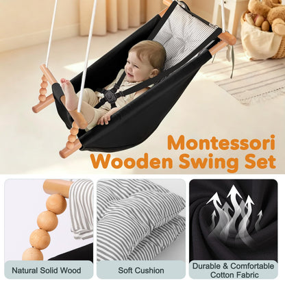 2-in-1 Baby Jumper & Swing, Montessori Wooden Toddler Swing Set with Stand for Indoor/Outdoor, Baby Bouncer Jumper & Hammock Swing with 5-Point Harness, Suitable for Children Ages Up to 3 Yrs