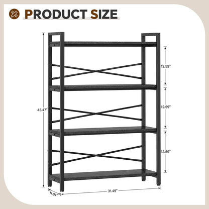 4 Tier Bookshelf 31.49" Width, Tall Book Shelf Storage and Organization, Wooden and Metal Industrial Bookcase, Large Book Shelves for Home Living Room Bedroom Office Storage(Black)