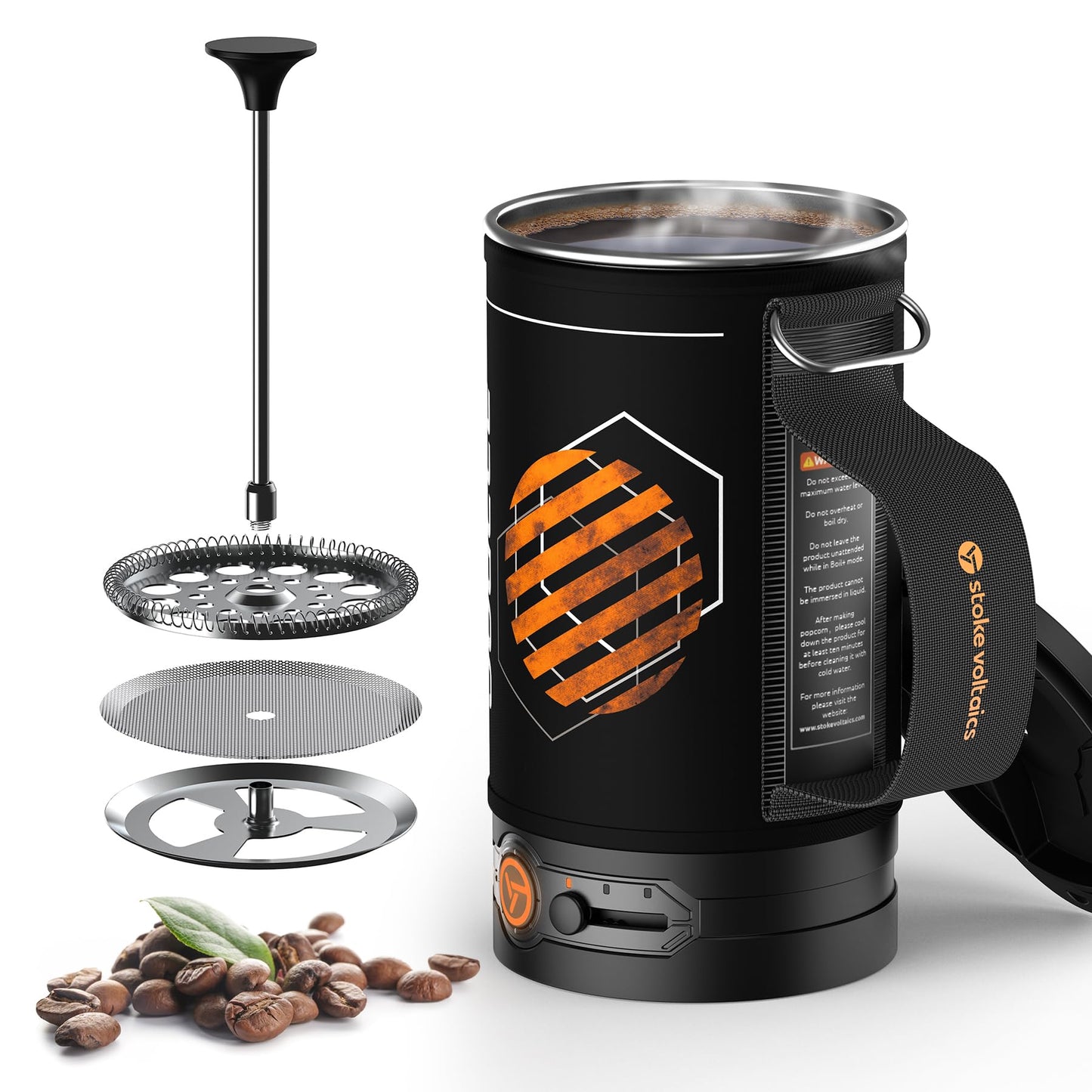 Stoke Voltaics Electric French Press Coffee Maker, 120V Boil Water & Press Coffee 2-in-1, Portable Design for Camping, Travel, 6 Minute Brew Ready