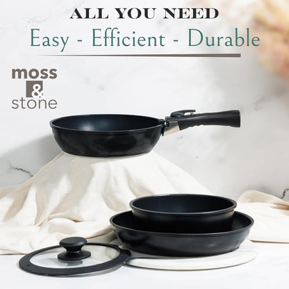 Moss & Stone Nonstick Cookware Set - 10-Piece Space-Saving Pans with Removable Handles | RV & Induction Ready