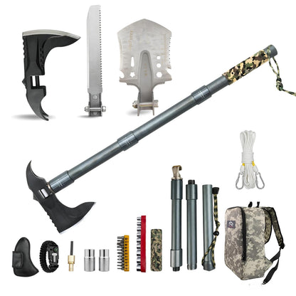 Muti-Functional Axe, Shovel, Saw Knife Kit, 5Cr13 Martensitic Stainless Steel Axe Head, 7075 Aluminum Camping Hatchet. Secure Locking Collar Hatchet.