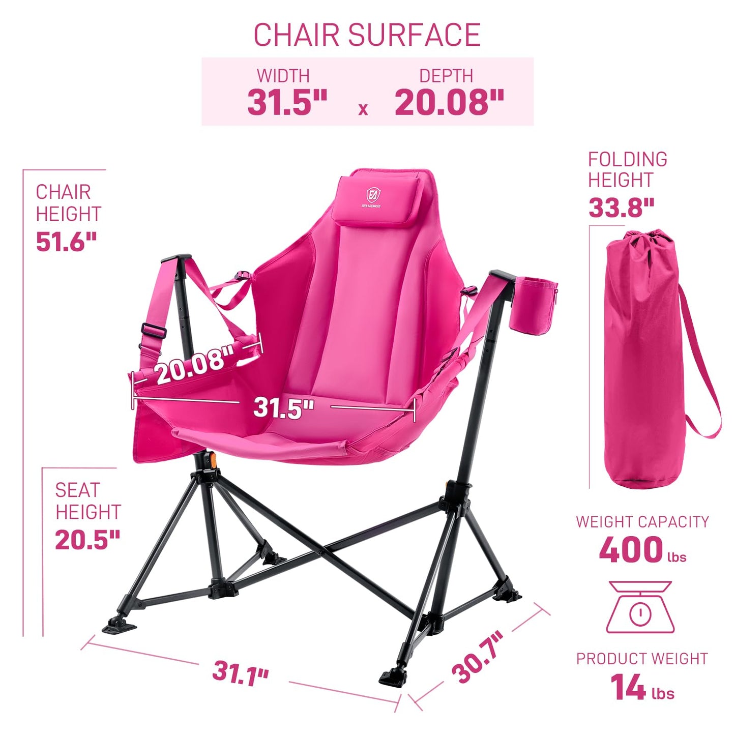 EVER ADVANCED Padded Oversized Hammock Camping Chair, Compact Heavy Duty Swing Chair with Multi-Storage Pockets, Portable Folding Rocking Camping Chair, Support Up to 400lbs, Pink