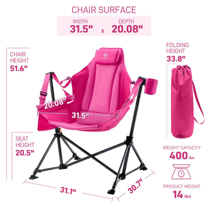 EVER ADVANCED Padded Oversized Hammock Camping Chair, Compact Heavy Duty Swing Chair with Multi-Storage Pockets, Portable Folding Rocking Camping Chair, Support Up to 400lbs, Pink