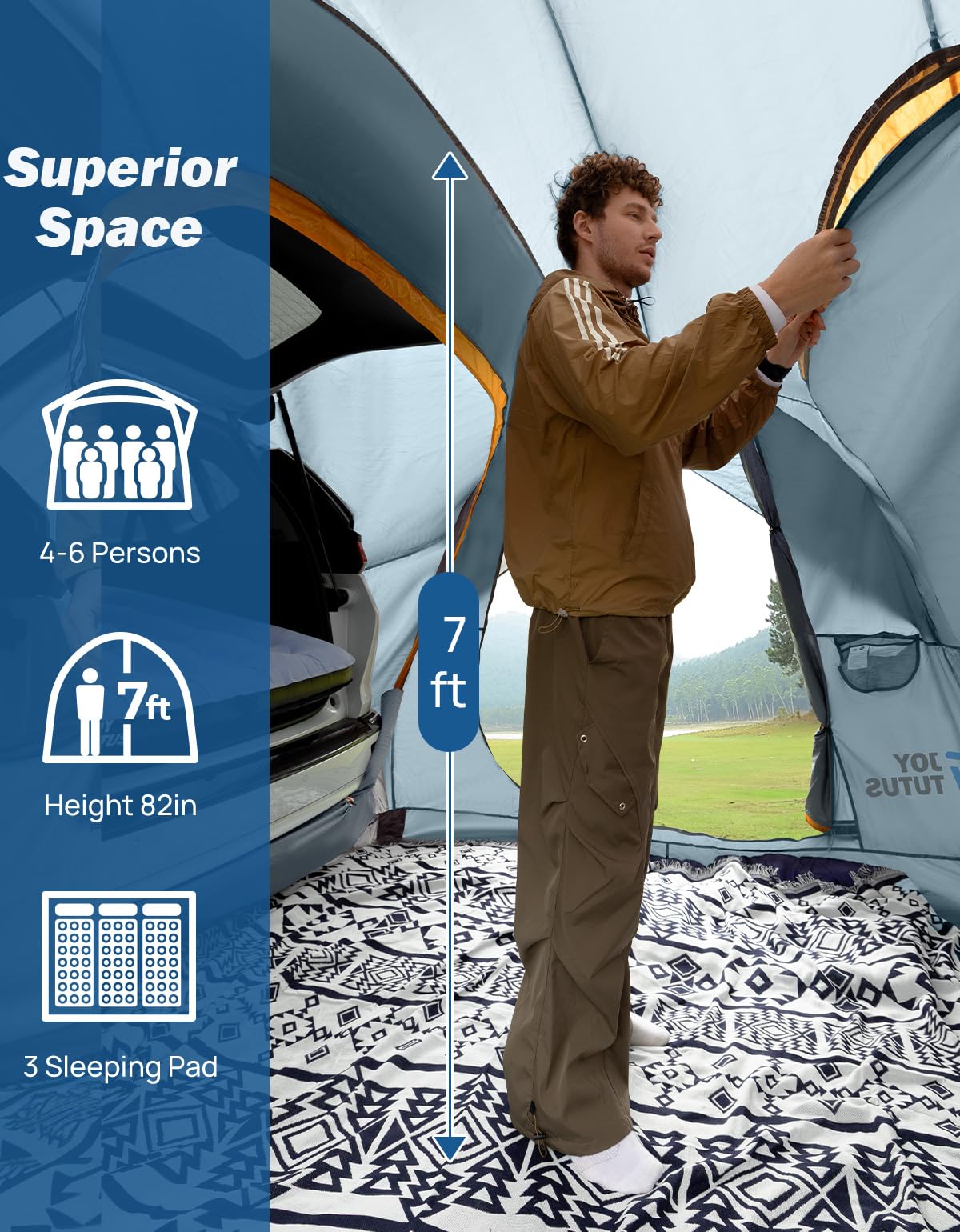 JOYTUTUS SUV Tent for Camping with Rainfly, Double Door Design Car Tent with Aluminum Poles, SUV Tailgate Tent with Waterproof PU2000mm Double Layer for 4-8 Person, Orange