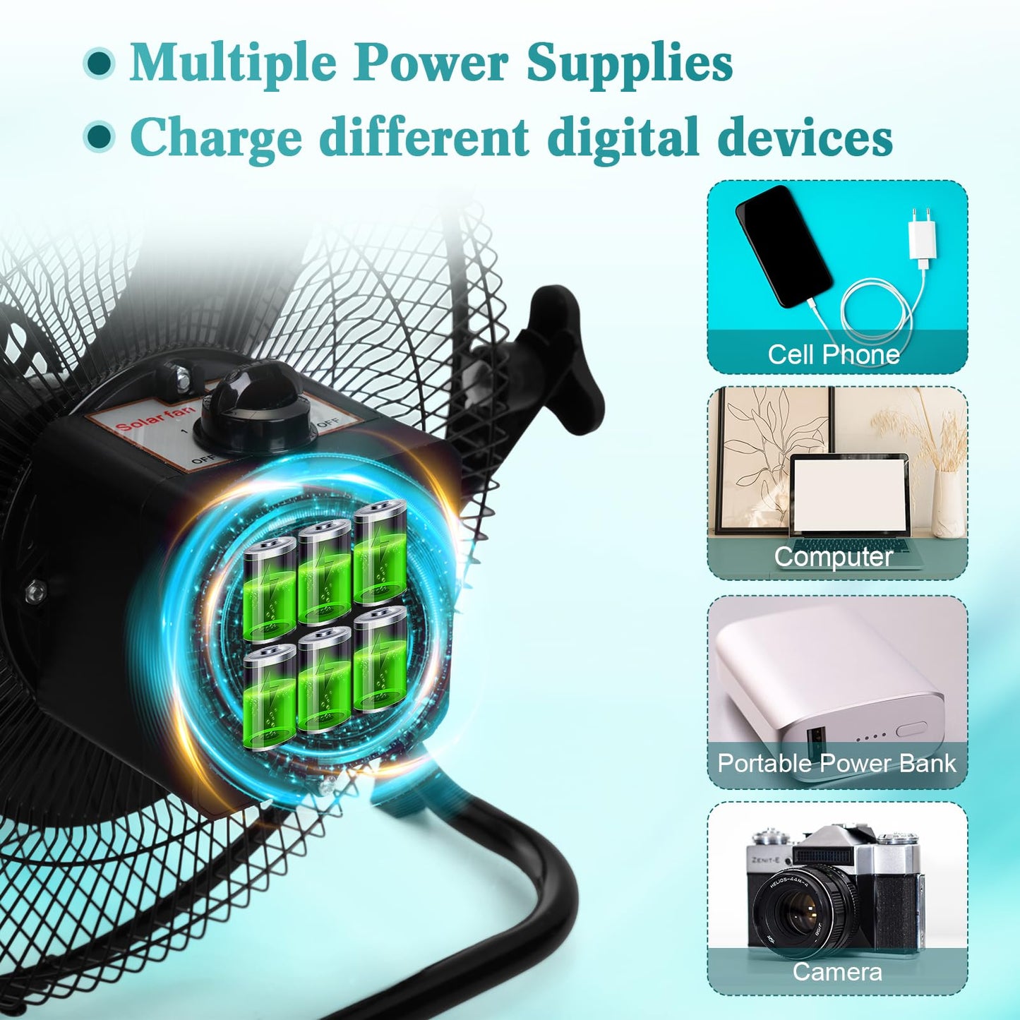 Tujoe 15000Mah 12 Inch Solar Panel Powered Fan, 2 in 1 Solar Panel or AC Charger Powered Fan 12W 9V Portable for Chicken Coop Greenhouse Household Exhaust Camping Travel Outdoor(Black)