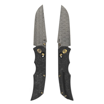 KANSEPT SIF Pocket Knife, 3.76" Damascus Blade with Gold Thumb Stud, Manual Opening Folding Men Women EDC, Shred Carbon Fiber Handle, Clip for Outdoor Camping Hiking K1100V4