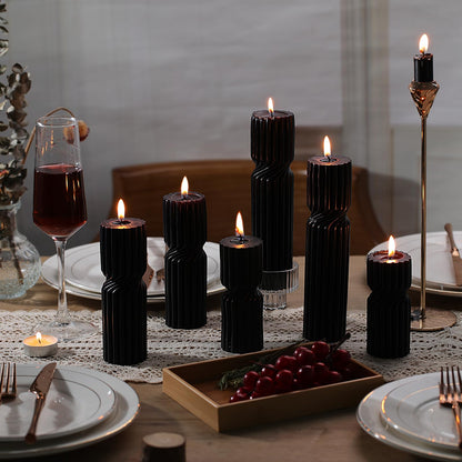 LETINE Black Sandalwood Pillar Candles Set of 3 - Decorative Ribbed Soy Wax Spiral Spire Candles for Home Decor, Bulk Scented Candles for Entryway Table, Living Room& Coffee Table Decor