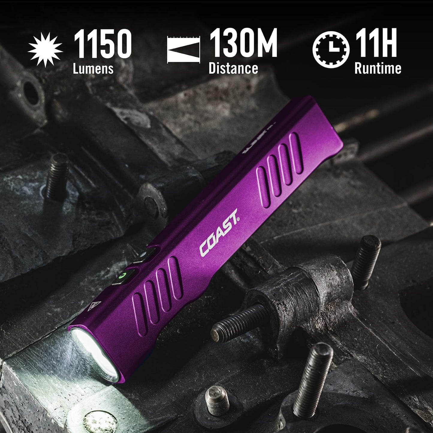 Coast Slayer 1150 Lumen USB-C Rechargeable LED Flashlight with Spot/Flood, Memory Mode and Pocket Clip, Purple