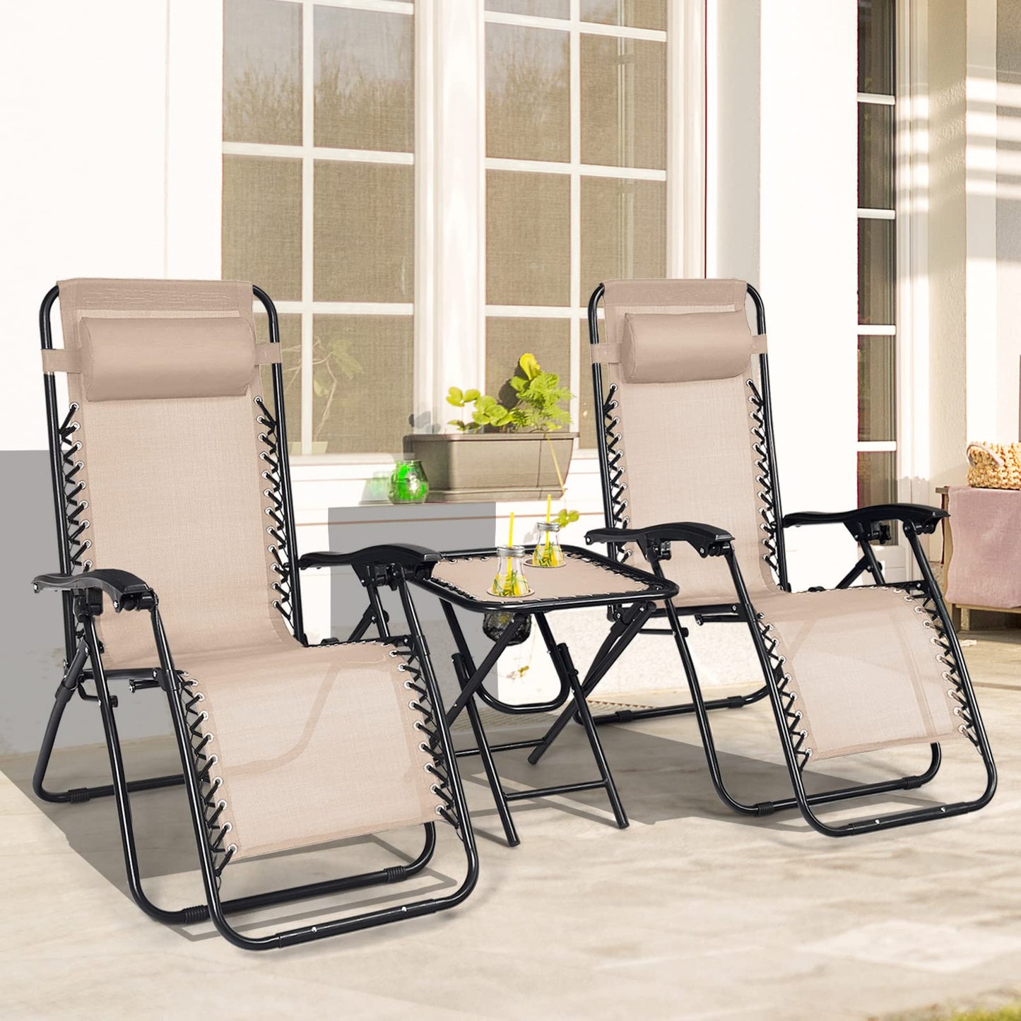 HAPPYGRILL Zero Gravity Lounge Chairs Set with Coffee Table, Folding Reclining Chairs with Side Table and Pillow, 3 Pieces Adjustable Patio Lawn Recliner Set for Outdoor Garden Camp Travel