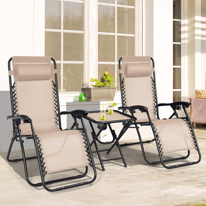 HAPPYGRILL Zero Gravity Lounge Chairs Set with Coffee Table, Folding Reclining Chairs with Side Table and Pillow, 3 Pieces Adjustable Patio Lawn Recliner Set for Outdoor Garden Camp Travel
